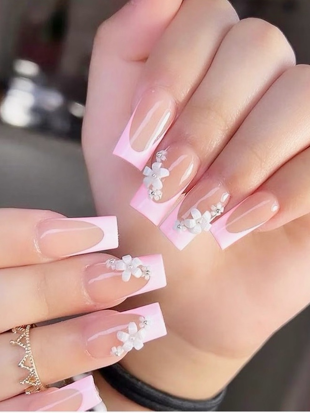 Pink French Tip White Flower Long Press-On Nails with 3D Floral Accents New